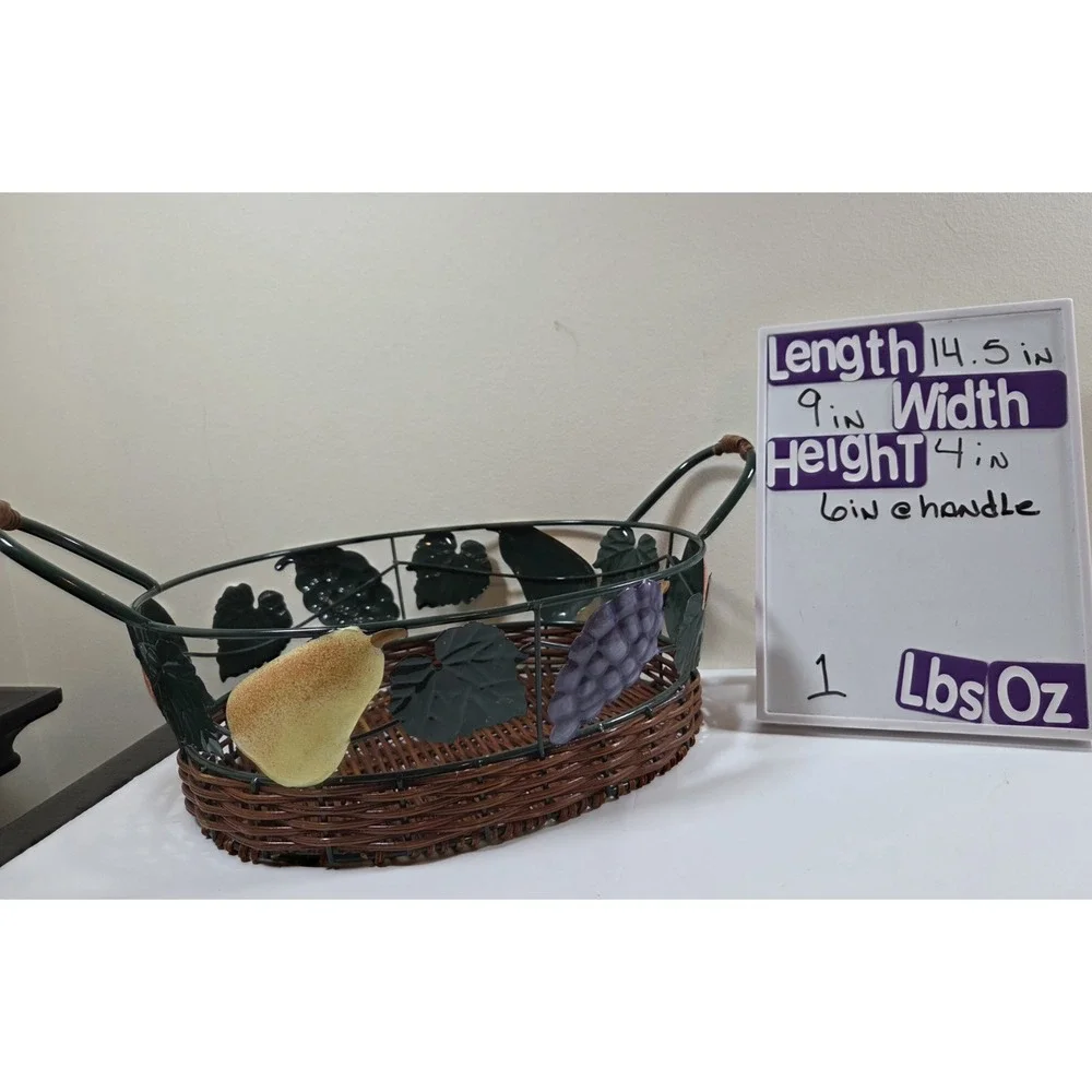 Vtg Pair Metal & Wicker Nesting‎ Baskets W/Fruit Detail & Handles Oval Shape